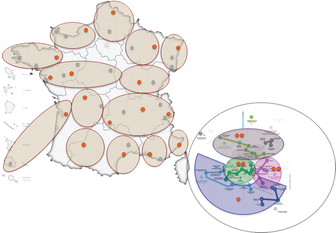 Carte de France avec le positionnement d'assistants de prescription France Médecine Génomique